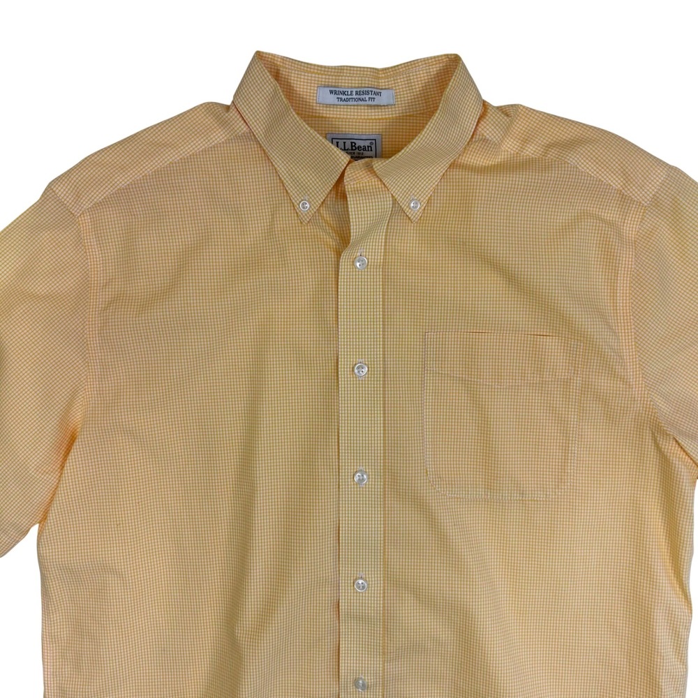 LL Bean Mens Short Sleeve Gingham Button Down Shirt Yellow White Traditional Fit - Picture 2 of 7